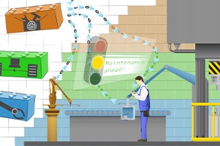 Visualisierung einer Fabrikhalle, in der ein Mann an einem Fließband steht und Hilfsmittel der Industrie 4.0 nutzt.