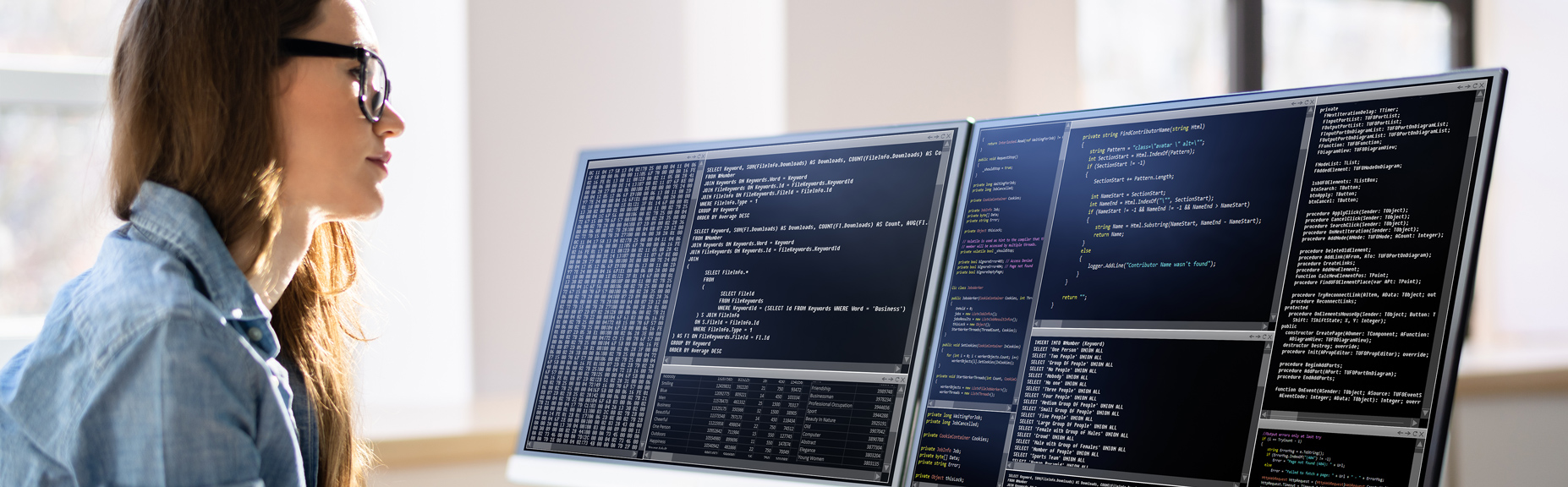 Eine Frau schaut auf zwei Monitore, die einen Programmcode darstellen.
