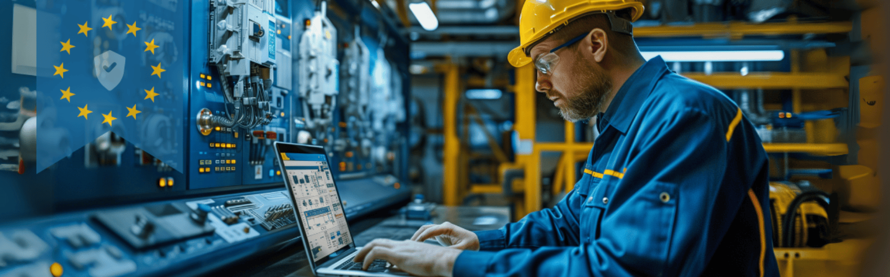 Mitarbeiter sitzt vor Laptop in Produktionshalle.