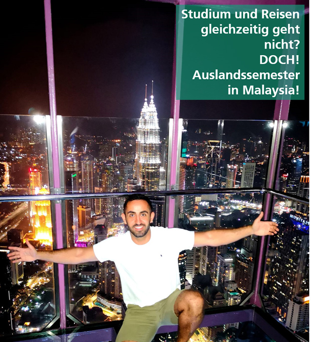 Karriere Auslandssemester Khoren Fraunhofer IEM Student auf einer Aussichtsplattform vor der Skyline Kuala Lumpurs