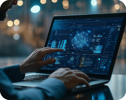 Eine Person, die auf einem Laptop arbeitet, auf dessen Bildschirm eine komplexe Benutzeroberfläche mit Netzwerken, Diagrammen und Datenvisualisierungen zu sehen ist.