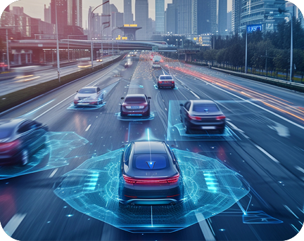 Mehrere intelligent fahrende Autos auf einer Straße.