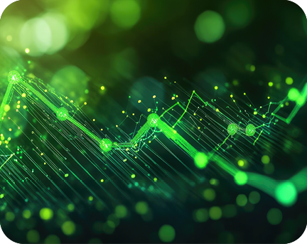 Abstrakte grüne digitale Darstellung von Datenverbindungen mit einem Netzwerkdiagramm, das leuchtende Knoten und Linien zeigt, die auf eine ansteigende Kurve hinweisen. Das Bild symbolisiert moderne Technologien und Datenanalyse.