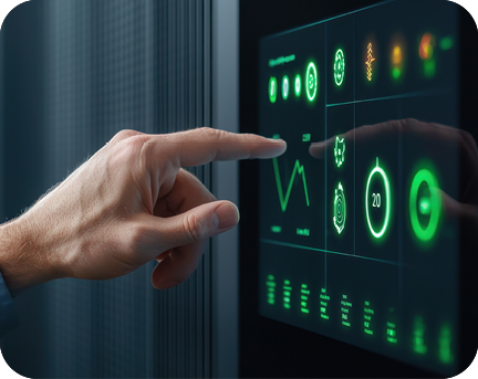 Eine Hand berührt ein futuristisches Touchscreen-Display mit grünen digitalen Grafiken und Symbolen. Das Bild zeigt moderne Technologie und interaktive Datenvisualisierung.