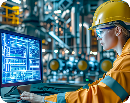 Mitarbeiterin mit gelben Helm am Computer.