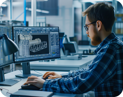 Ein Ingenieur sitzt an einem Schreibtisch vor zwei Monitoren und arbeitet an einer CAD-Software, die ein technisches 3D-Modell eines Bauteils anzeigt.