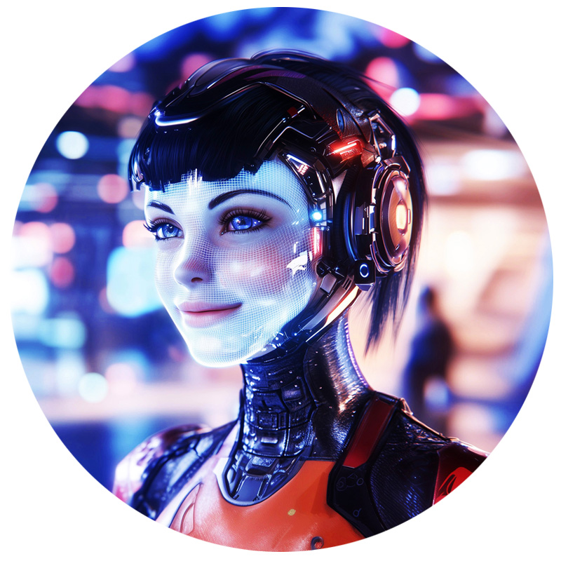 Eine futuristische, weiblich wirkende KI- oder Android-Figur mit leuchtend blauen Augen und einem holografischen Gesicht. Sie trägt ein Hightech-Headset und einen futuristischen Anzug mit leuchtenden Details. Im Hintergrund sind bunte, verschwommene Lichter einer futuristischen Stadt zu sehen.