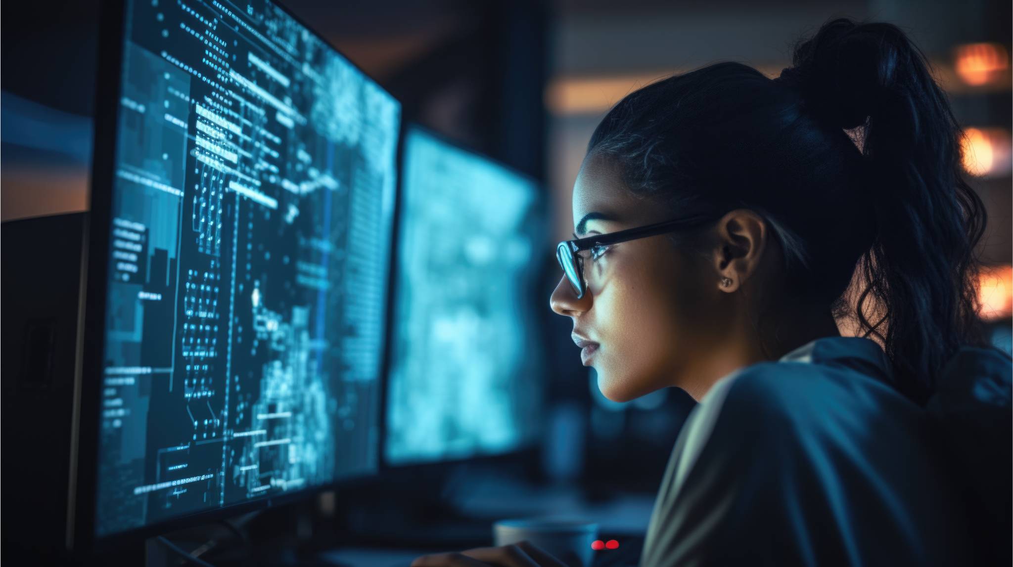 News Open Source Eine Frau schaut auf einen Bildschirm