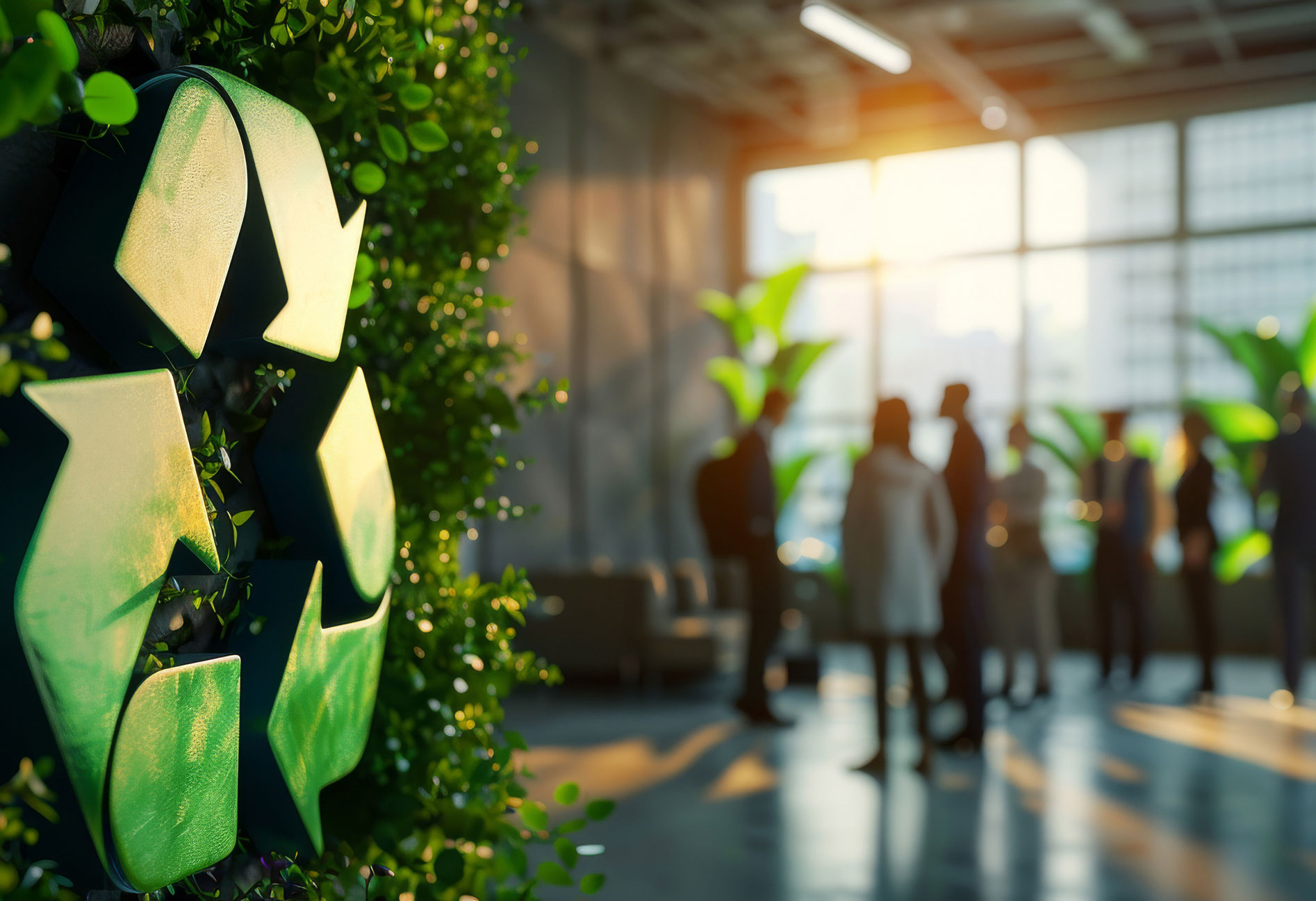 Grünes Recycle-Symbol mit Leuten im Hintergrund.