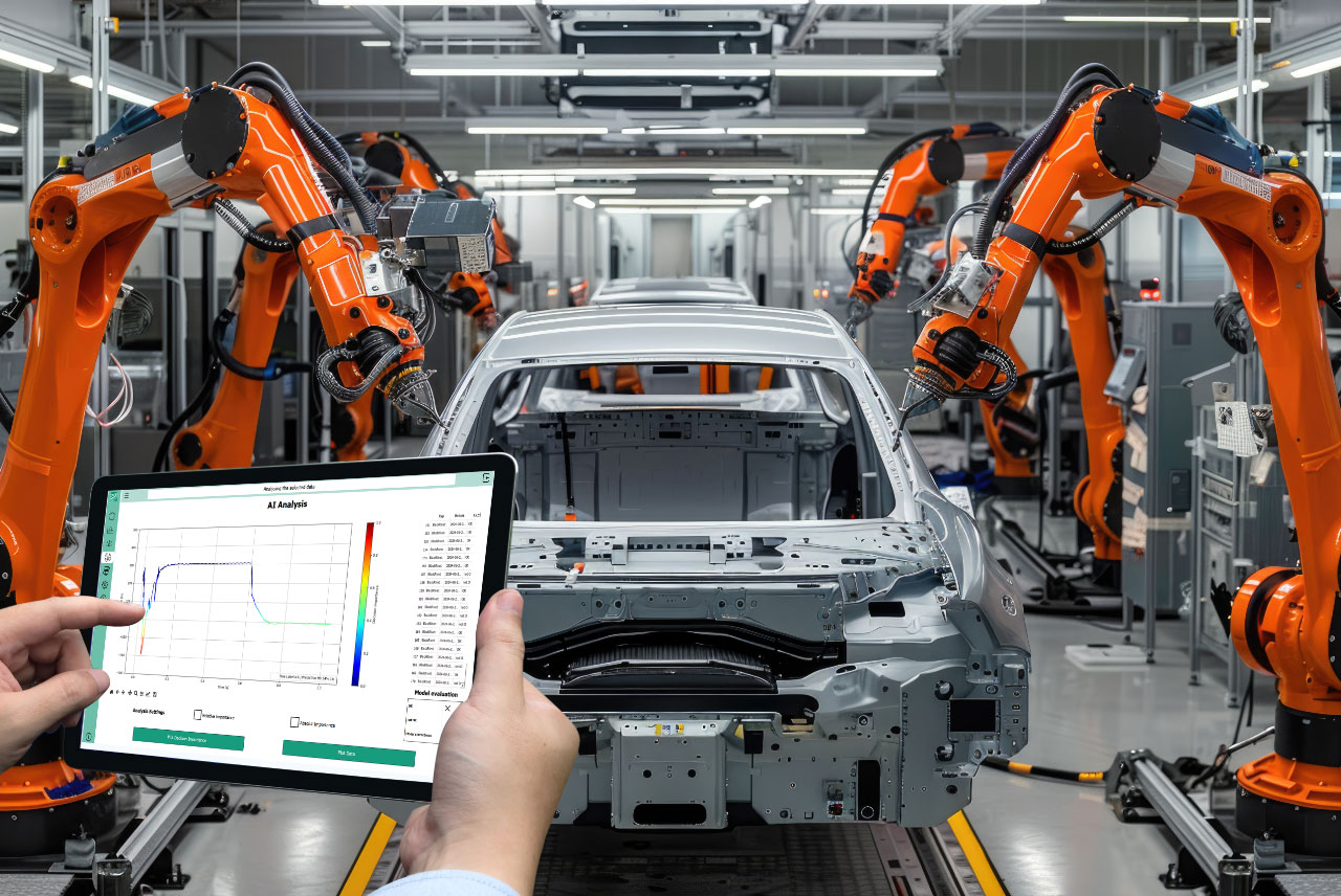 Produktionsstraße eines Autos, die mit KI gesteuert wird.