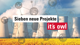 News It's OWL Projekte Mehrere Kraftwerke auf einem Feld im Hintergrund. Im Vordergrund sieht man eine vernetze Grafik.