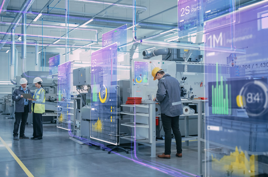 Factory Digitalization: Two Industrial Engineers Use Tablet Computer, Big Data Statistics Visualization, Optimization of High-Tech Electronics Facility. Industry 4.0 Machinery Manufacturing Products