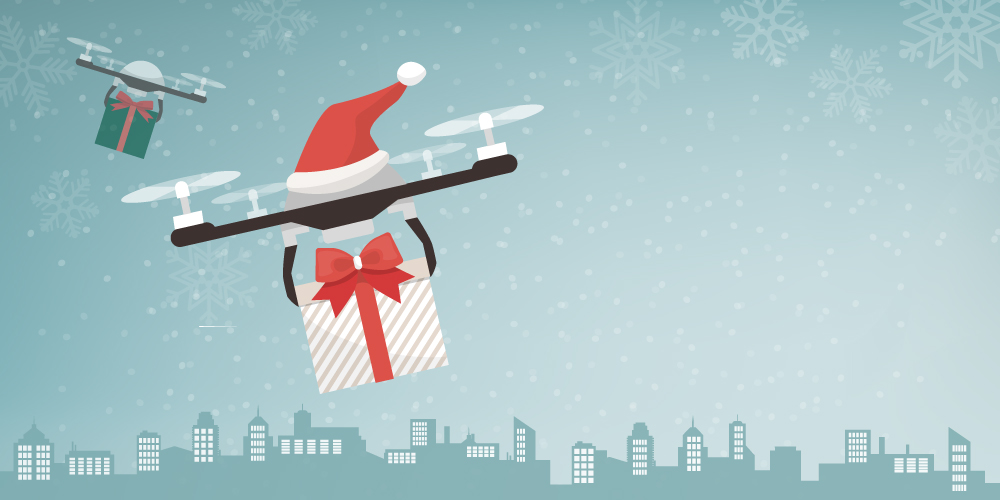 Eine Drohne verteilt Weihnachtsgeschenke