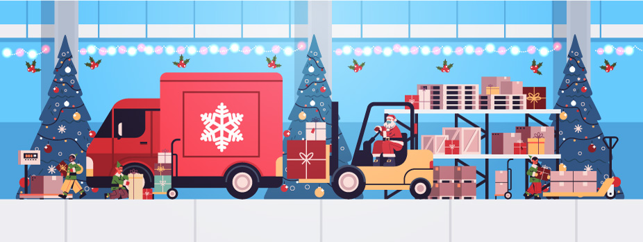 Weihnachtsmann lädt mit einem Gabelstapler bunte Geschenke in einen LKW 