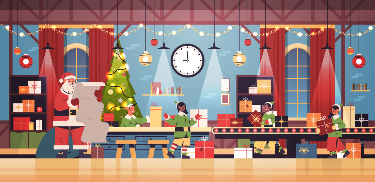 Weihnachtsmann setzt mit Elfen, die Geschenke auf ein Maschinenförderband setzen