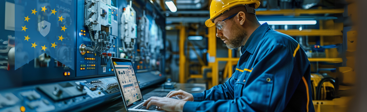 Ein Ingenieur in Schutzkleidung arbeitet an einem Laptop vor einer industriellen Steuerungsanlage. Im Vordergrund ist ein EU-Symbol für Cybersicherheit eingeblendet – Symbolbild für die Umsetzung des EU Cyber Resilience Acts (CRA) in der industriellen Automatisierung.
