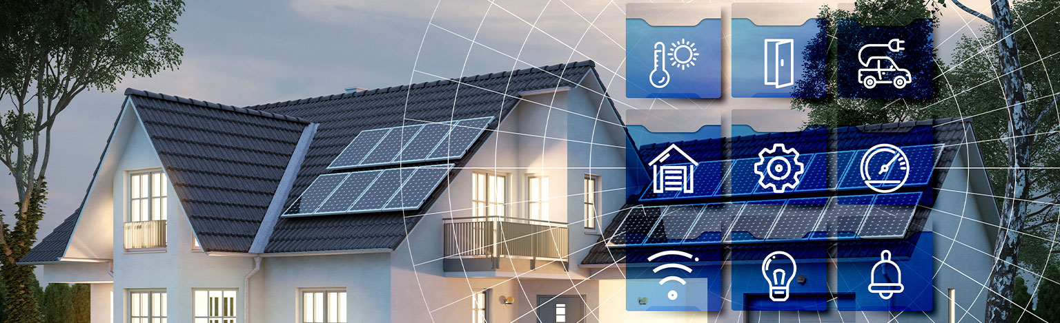 Haus mit Garage am Abend mit Smart Home Technologie