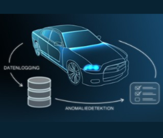 Visualisierung eines PKWs auf blauem Hintergrund.