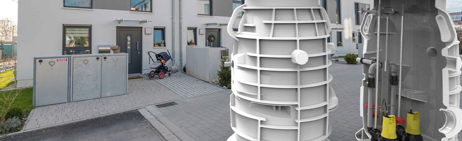 Ein modernes Reihenhaus, in dessen Straße eine virtuelle, aufgetrennte Pumpe zu sehen ist.