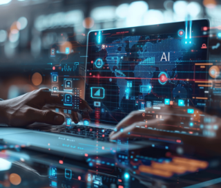 Laptop mit grafischen KI Elementen illustriert.