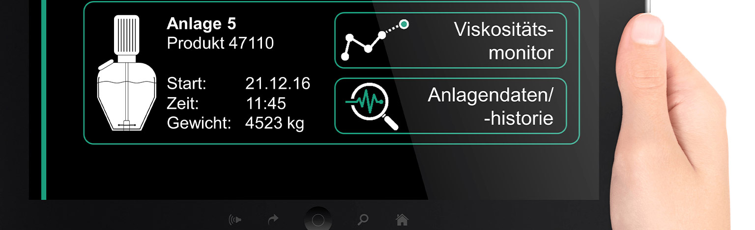 Hand hält ein Tablet, auf dem Daten zur Viskosität stehen.