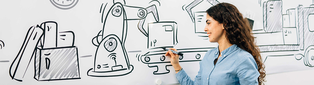 Woman stands on a wall and sketches an assembly line with a gripper arm.