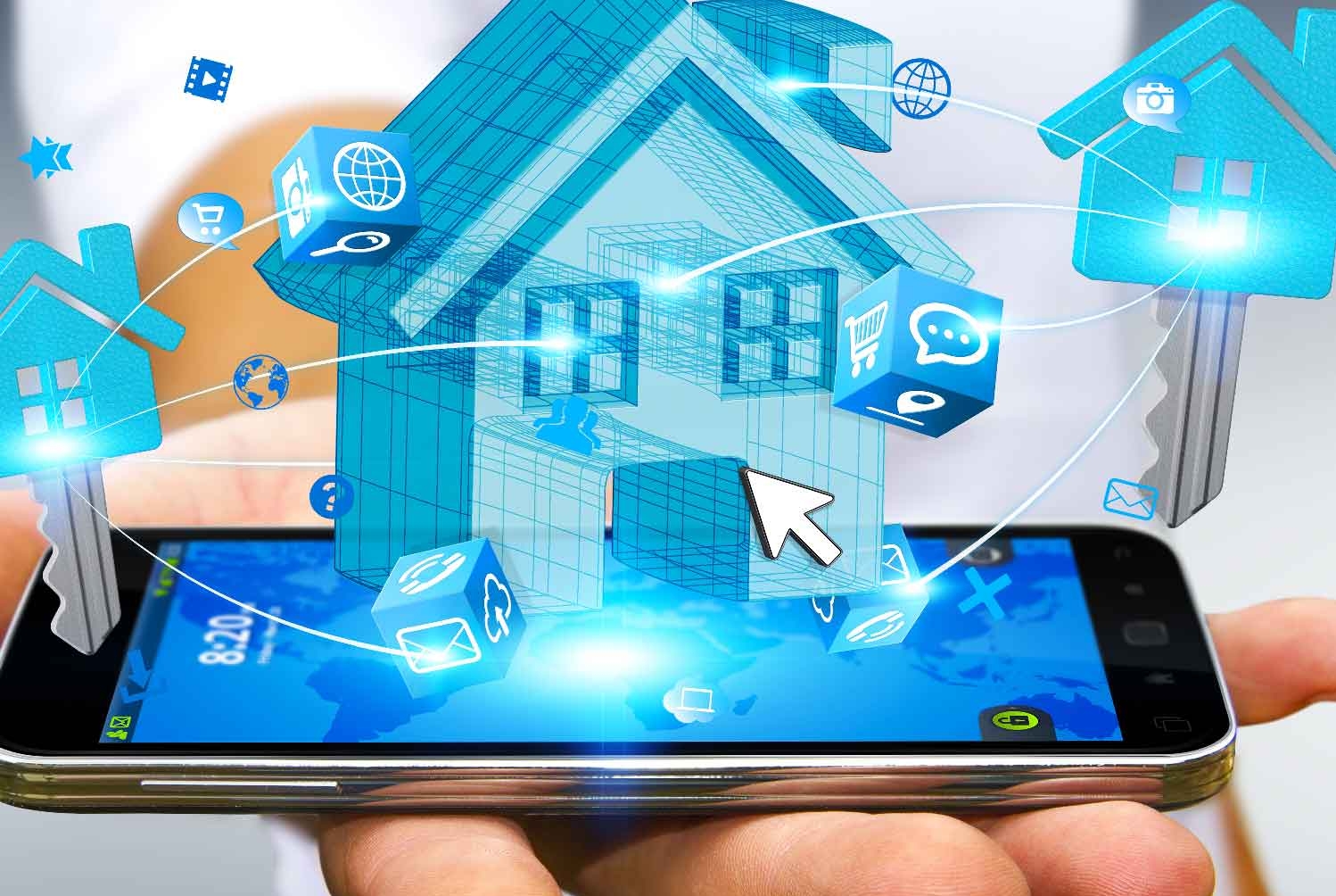 Hand, auf dessen Handinnenfläche ein Handy liegt. Auf dem Handy ist das virtuelle 3D-Modell eines Hauses zu sehen. 