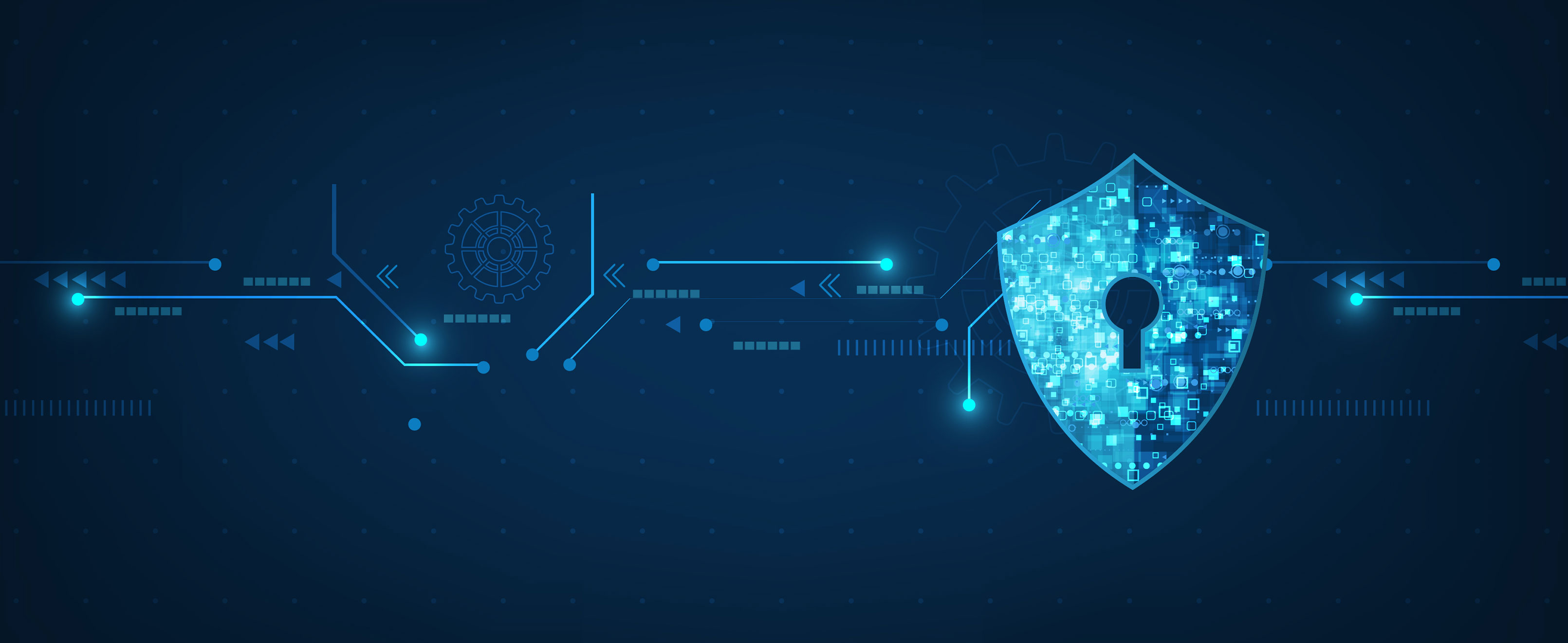 Blue background. In front of it a light blue protection symbol with cross-linked drawings.