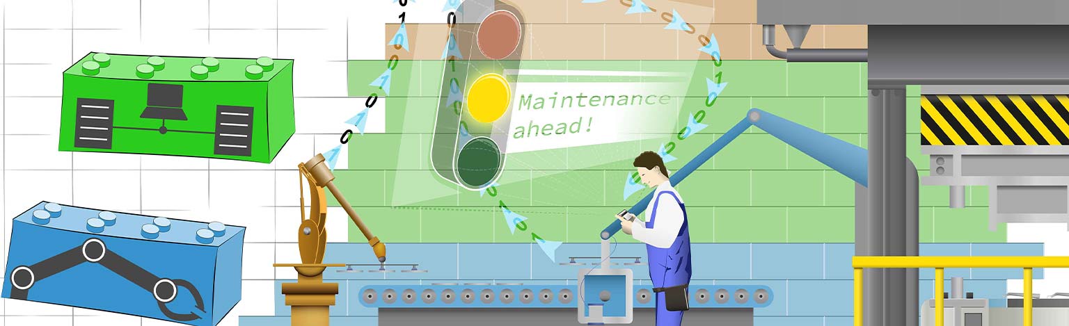 Visualization of a factory hall in which a man stands at an assembly line and uses Industry 4.0 tools.