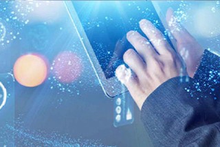 Two hands hold a tablet, surrounded by virtual diagrams and graphics.